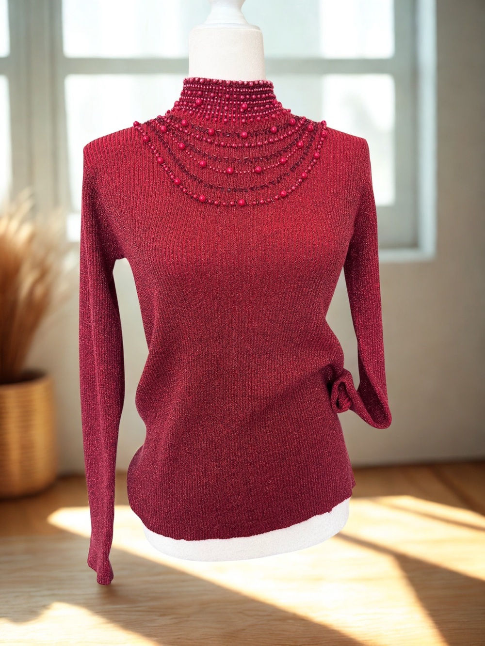 Once Again Metallic Knit Mock Neck Top with Beaded Neckline – M